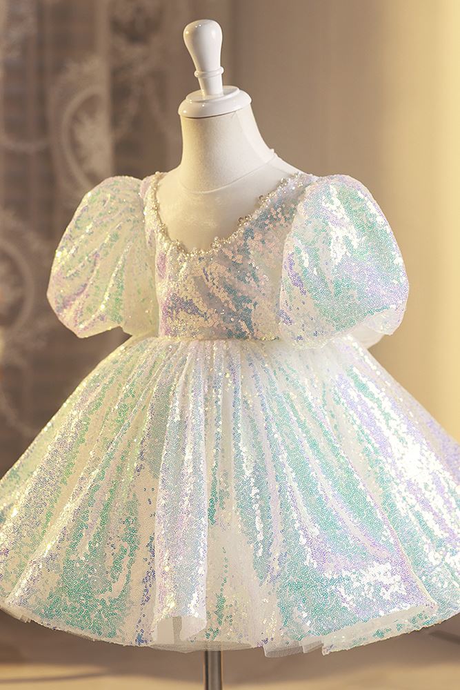 Princesse courte Pailleté robes de demoiselle d'honneur - fillette in Blanc