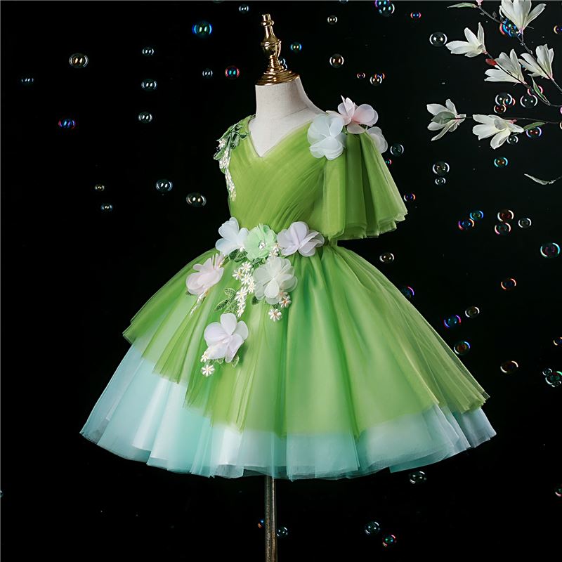 Prinzessin V Ausschnitt Wadenlang Tüll Blumenmädchenkleider in Grün