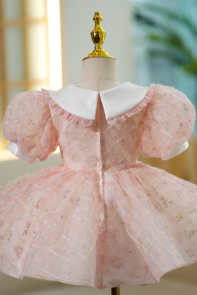 Prinzessin Scoop Wadenlang Spitze Blumenmädchenkleider in Rosa