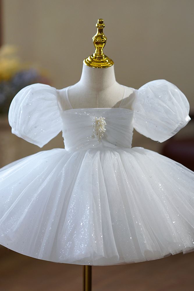 Prinzessin Wadenlang Pailletten Blumenmädchenkleider in Weiß