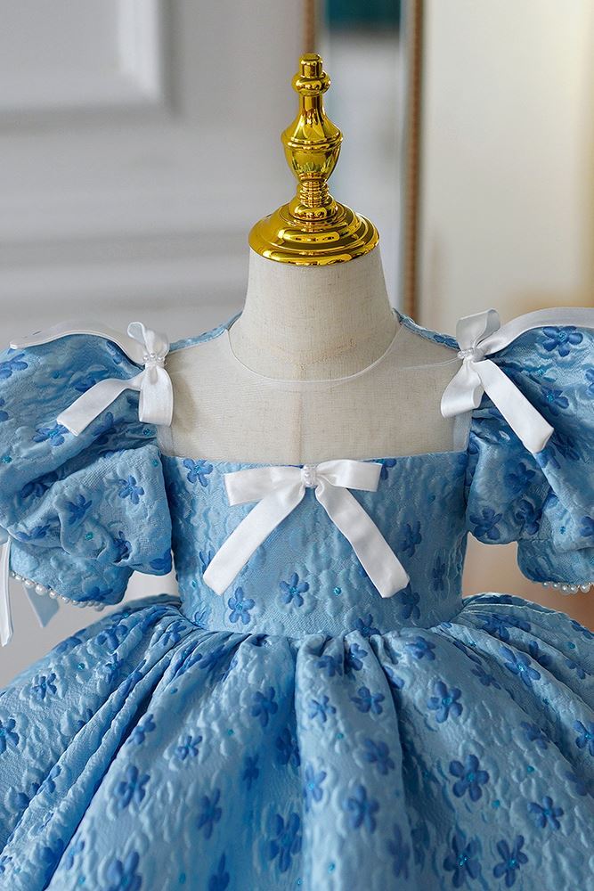 Prinzessin Quadratisch Wadenlang Satin Blumenmädchenkleider in Blau
