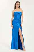 Cowl Neck A-Line Maxi Dress with Waist Pleats and Leg Slit
