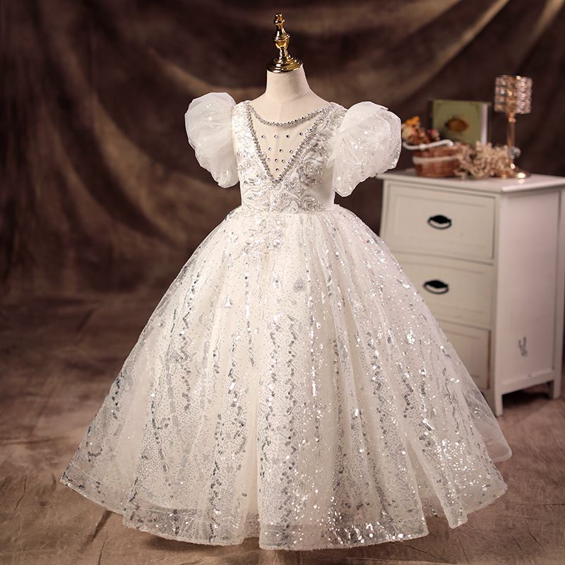 Prinzessin Juwelenhals Bodenlang Pailletten Blumenmädchenkleider Weiß