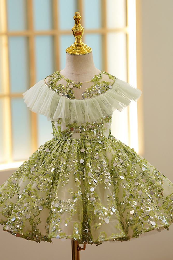 Round Длина по Щиколотку Sequined Детские Платья Зелёный