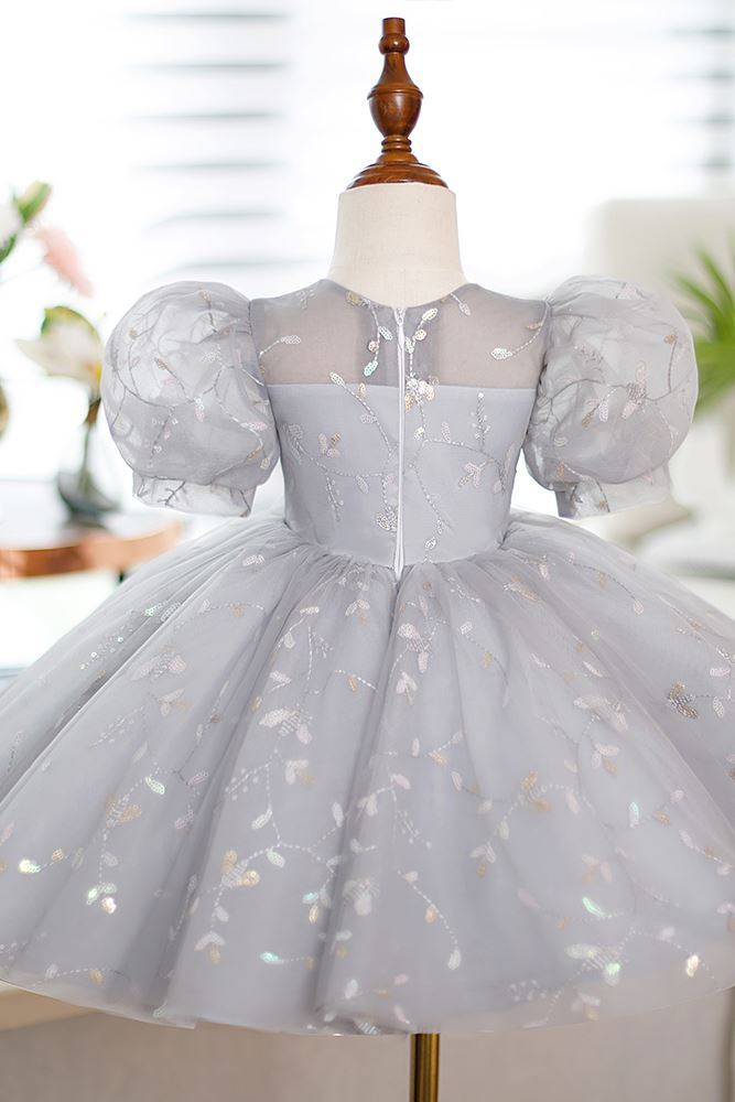 Prinzessin Runden Wadenlang Pailletten Blumenmädchenkleider in Grau