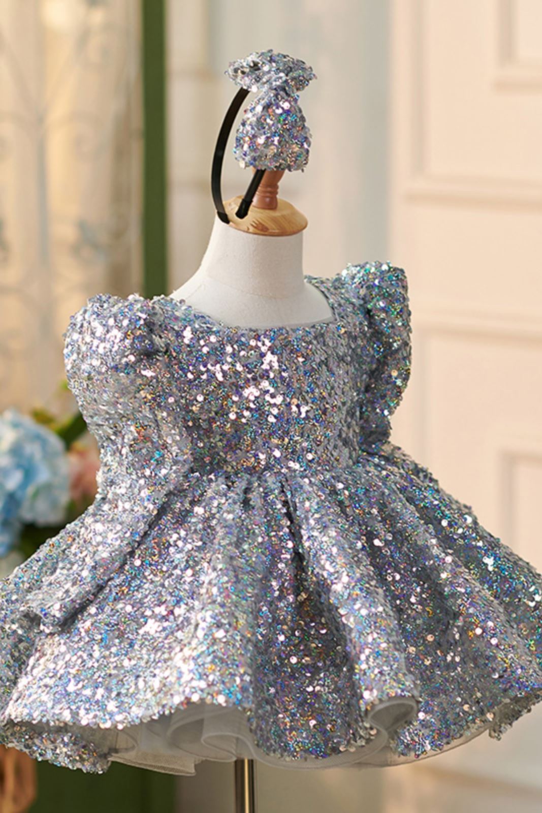 Prinzessin Wadenlang Pailletten Blumenmädchenkleider Staubigblau