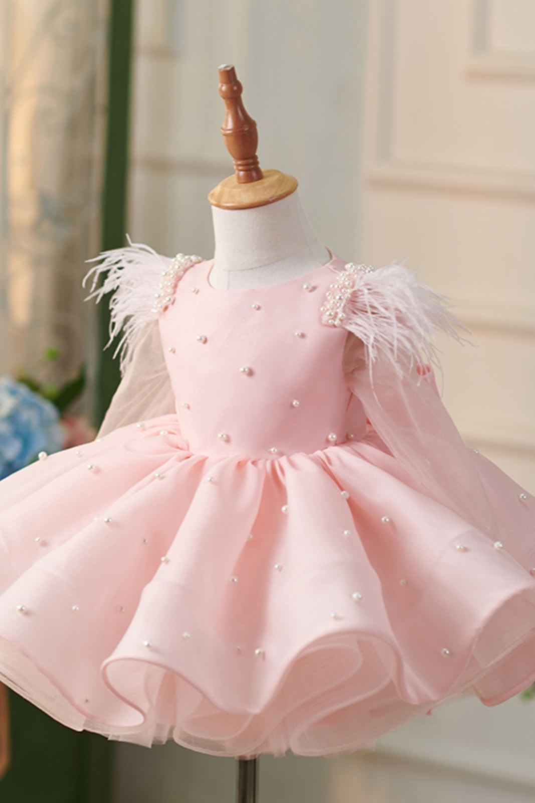 Prinzessin Runden Wadenlang Organza Blumenmädchenkleider in Rosa