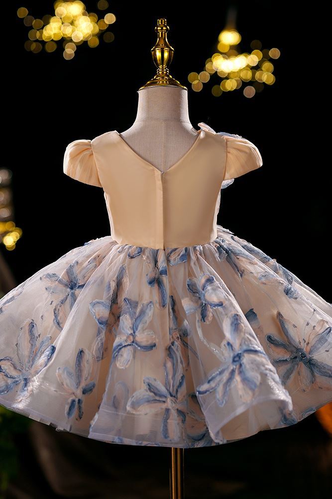 Prinzessin Runden Wadenlang Tüll Blumenmädchenkleider in Champagner