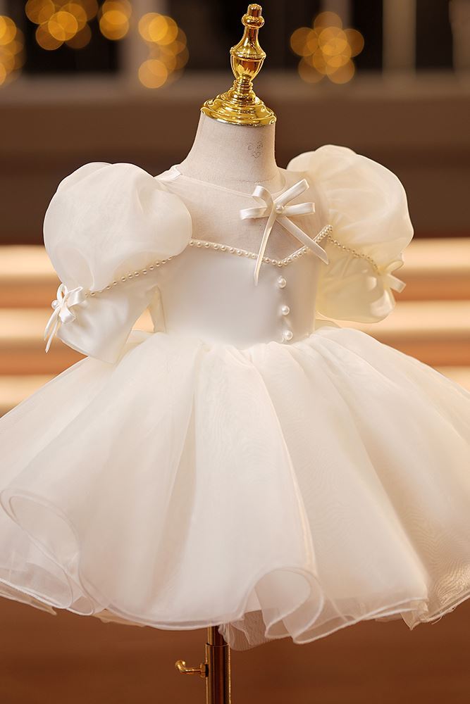 Prinzessin Runden Wadenlang Satin Blumenmädchenkleider Elfenbein