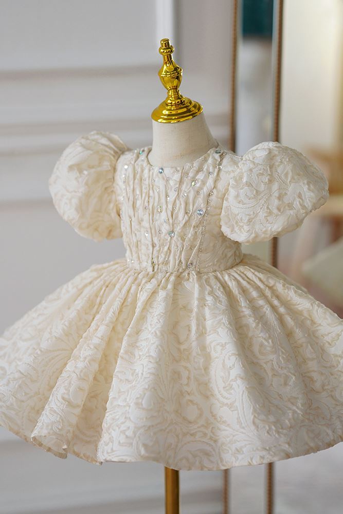 Prinzessin Runden Wadenlang Satin Blumenmädchenkleider in Champagner