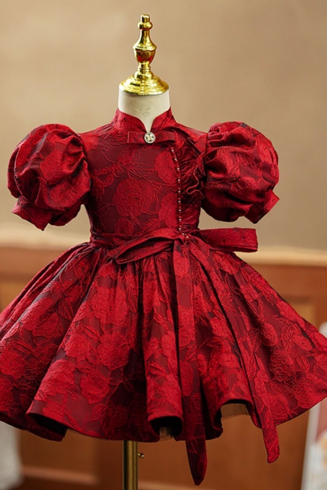 Princess Mock Neck Tea Length Satin Flower Girl Dress Burgundy