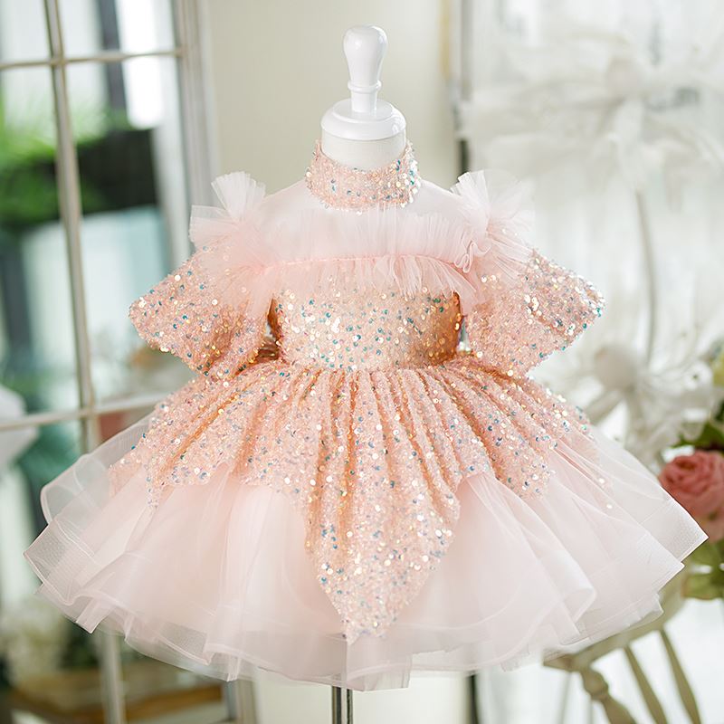 Prinzessin Wadenlang Pailletten Blumenmädchenkleider in Rosa