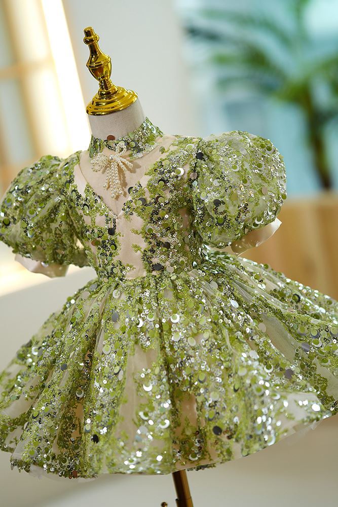 Prinzessin Stehkragen Wadenlang Pailletten Blumenmädchenkleider Grün