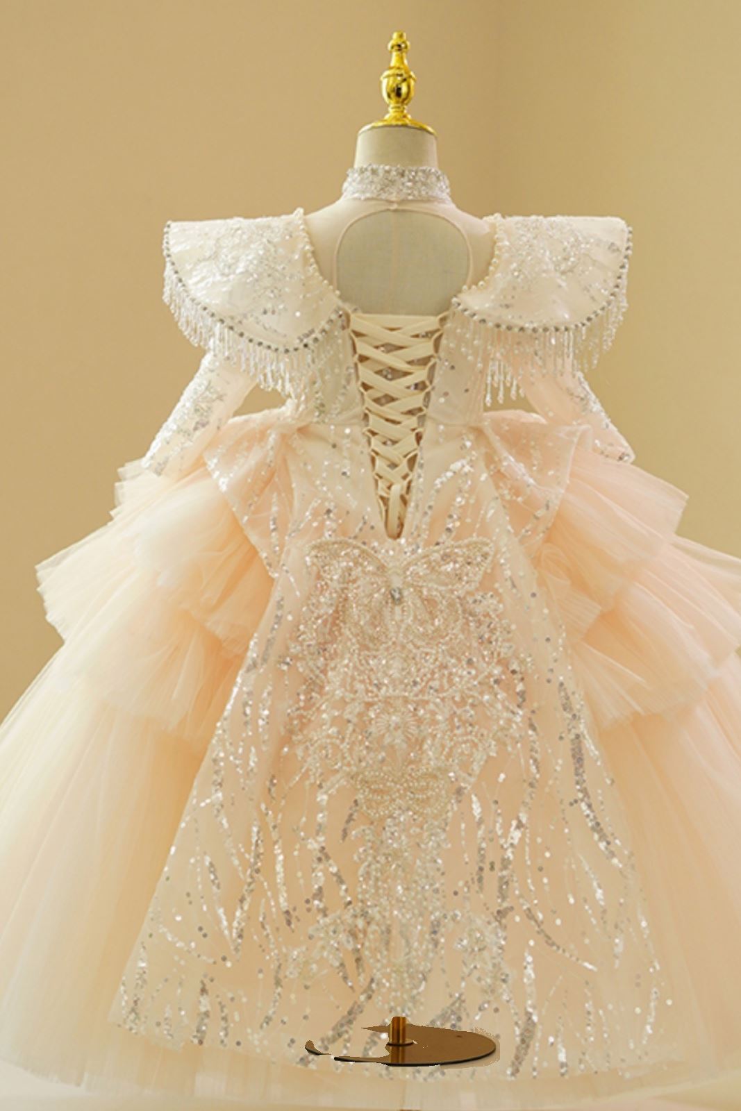 Prinzessin Bodenlang Tüll Blumenmädchenkleider in Champagner