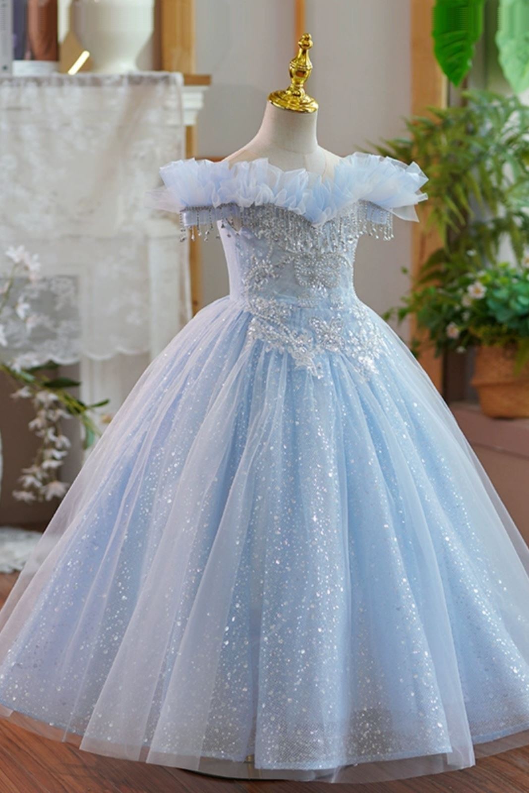 Принцесса Round Полная Длина Organza Детские Платья in Синий