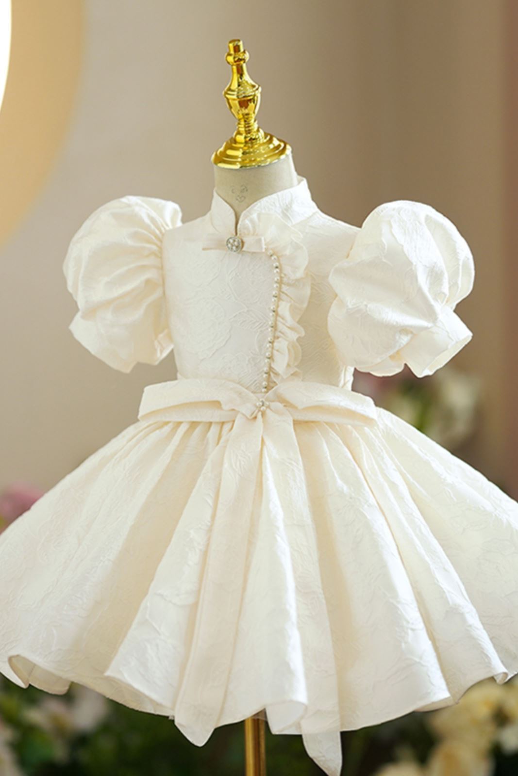 Prinzessin Stehkragen Wadenlang Satin Blumenmädchenkleider Champagner