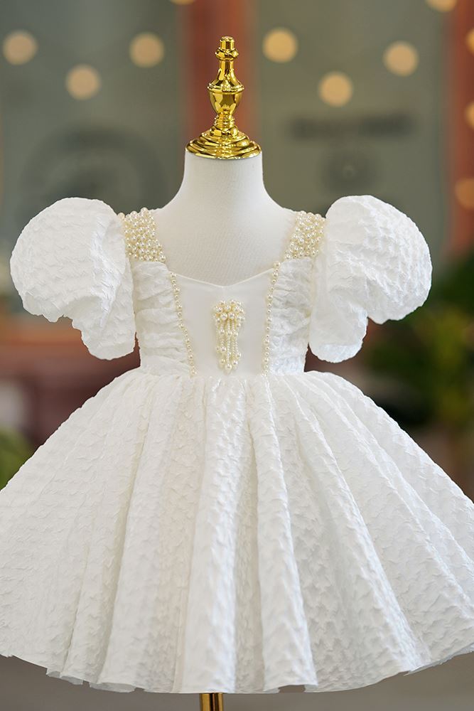 Princess Square Tea Length Polyester Flower Girl Dress in White