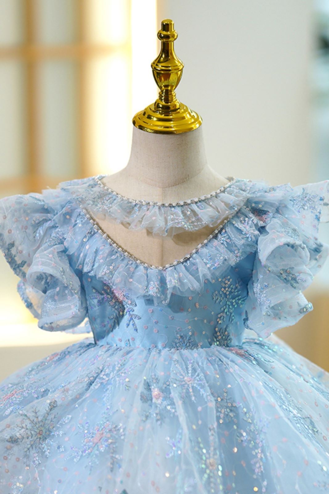 Prinzessin Runden Wadenlang Pailletten Blumenmädchenkleider in Blau