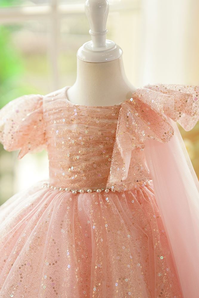 Scoop Wadenlang Pailletten Blumenmädchenkleider in Rosa