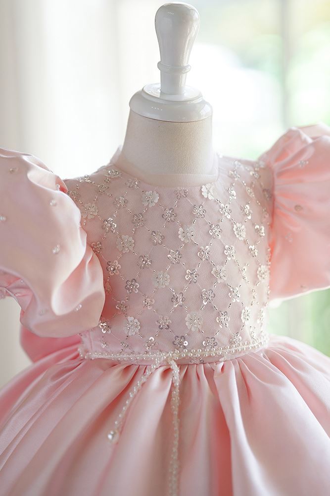 Prinzessin Runden Wadenlang Satin Blumenmädchenkleider in Rosa