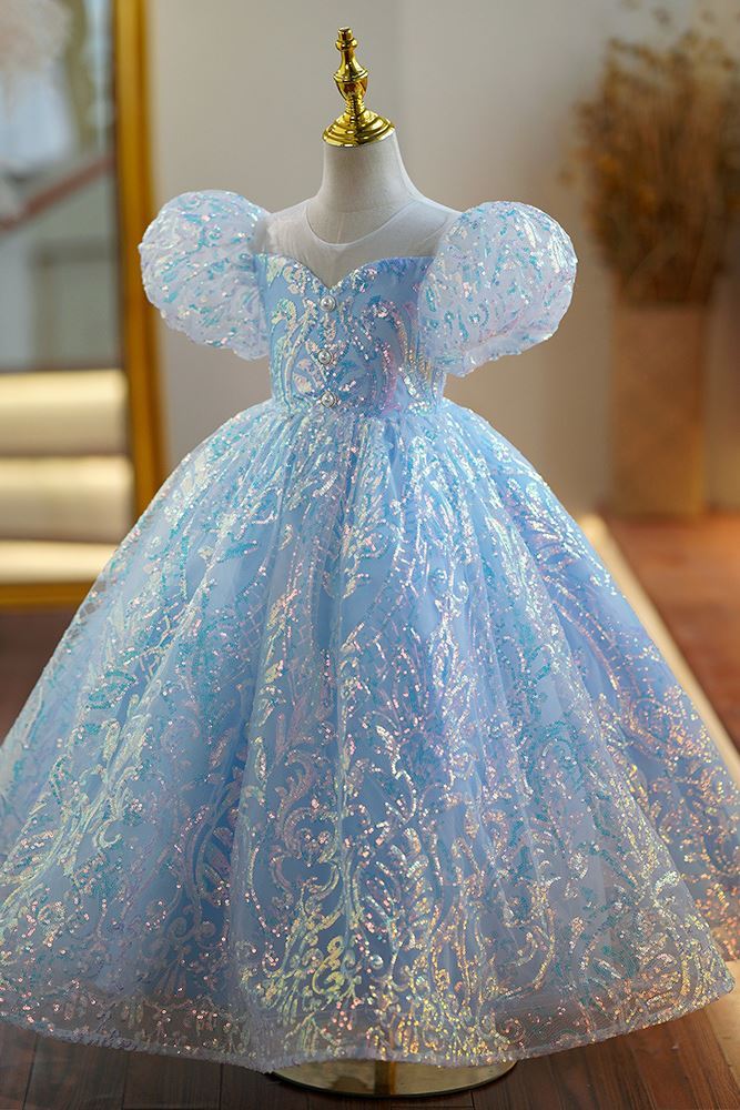 Prinzessin Runden Bodenlang Pailletten Blumenmädchenkleider in Blau