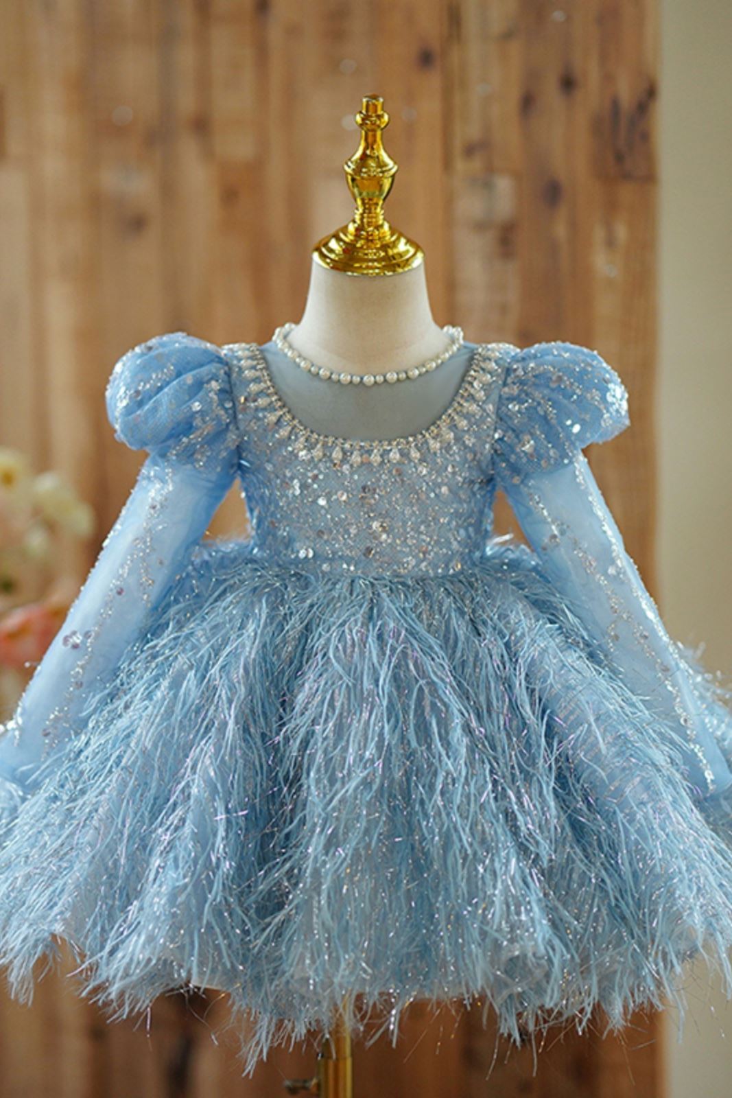 Prinzessin Juwelenhals Wadenlang Tüll Blumenmädchenkleider in Blau