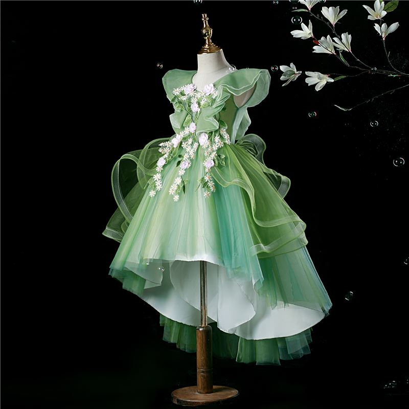 Prinzessin V Ausschnitt Bodenlang Tüll Blumenmädchenkleider in Grün