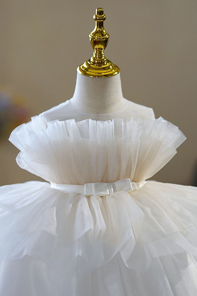 Prinzessin Runden Wadenlang Tüll Blumenmädchenkleider Weiß