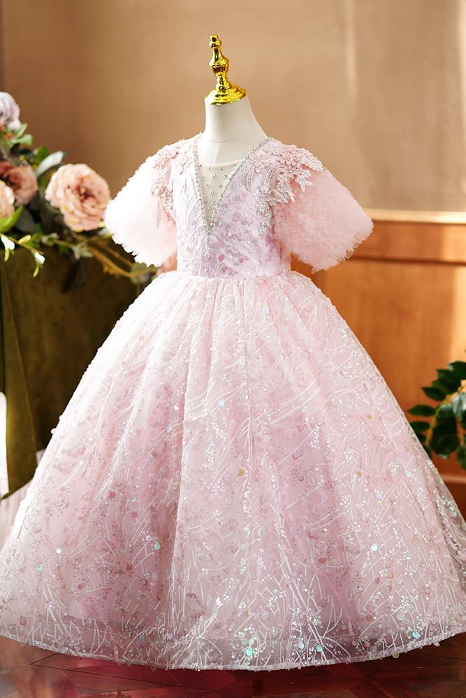 Prinzessin Bodenlang Pailletten Blumenmädchenkleider in Rosa