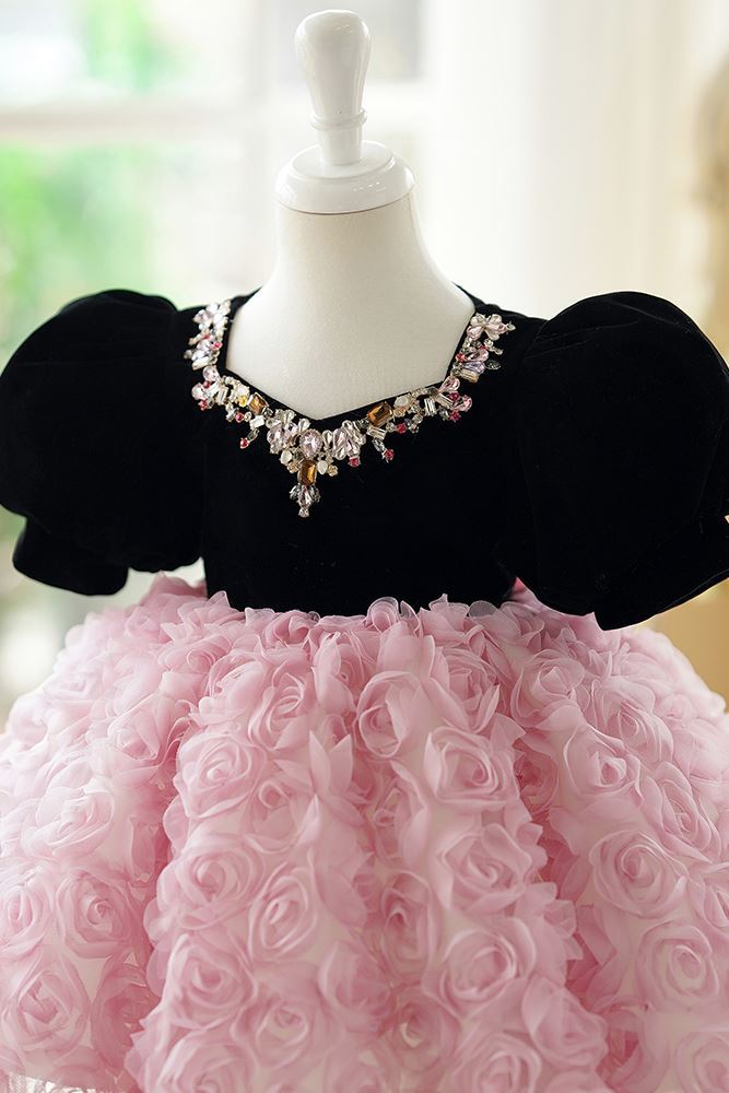 Prinzessin Juwelenhals Wadenlang Spitze Blumenmädchenkleider in Rosa