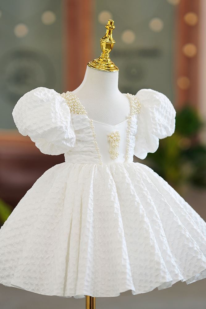 Princess Square Tea Length Polyester Flower Girl Dress in White
