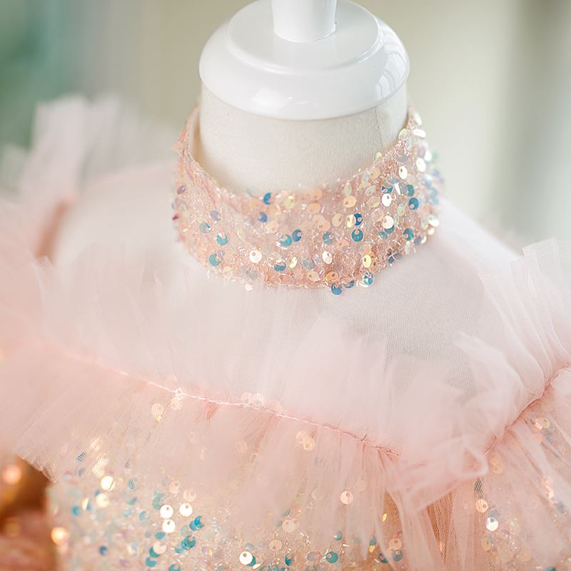 Prinzessin Wadenlang Pailletten Blumenmädchenkleider in Rosa