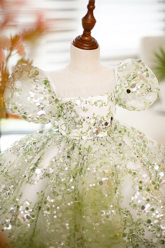Prinzessin Runden Wadenlang Pailletten Blumenmädchenkleider in Grün
