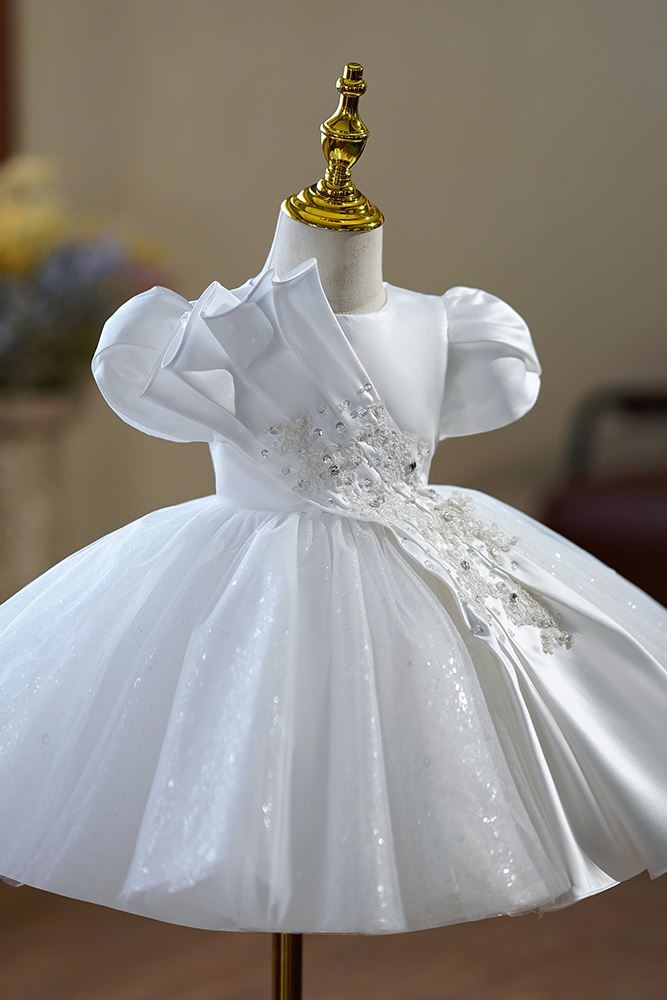 Princesse Longueur à Jambe Satiné robes de demoiselle d'honneur - fillette in Blanc