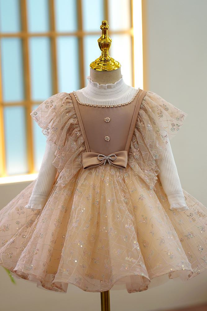 Princesa Hasta la Tibia Lace vestidos para chica de flor in Champán