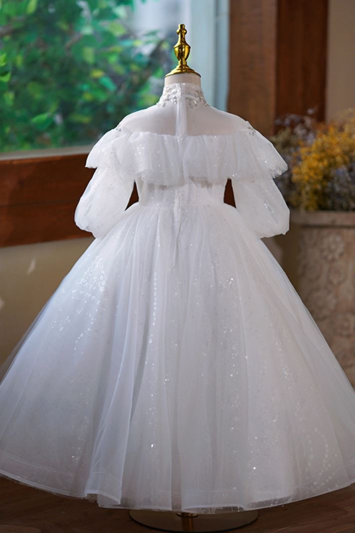 Prinzessin Stehkragen Bodenlang Tüll Blumenmädchenkleider in Weiß