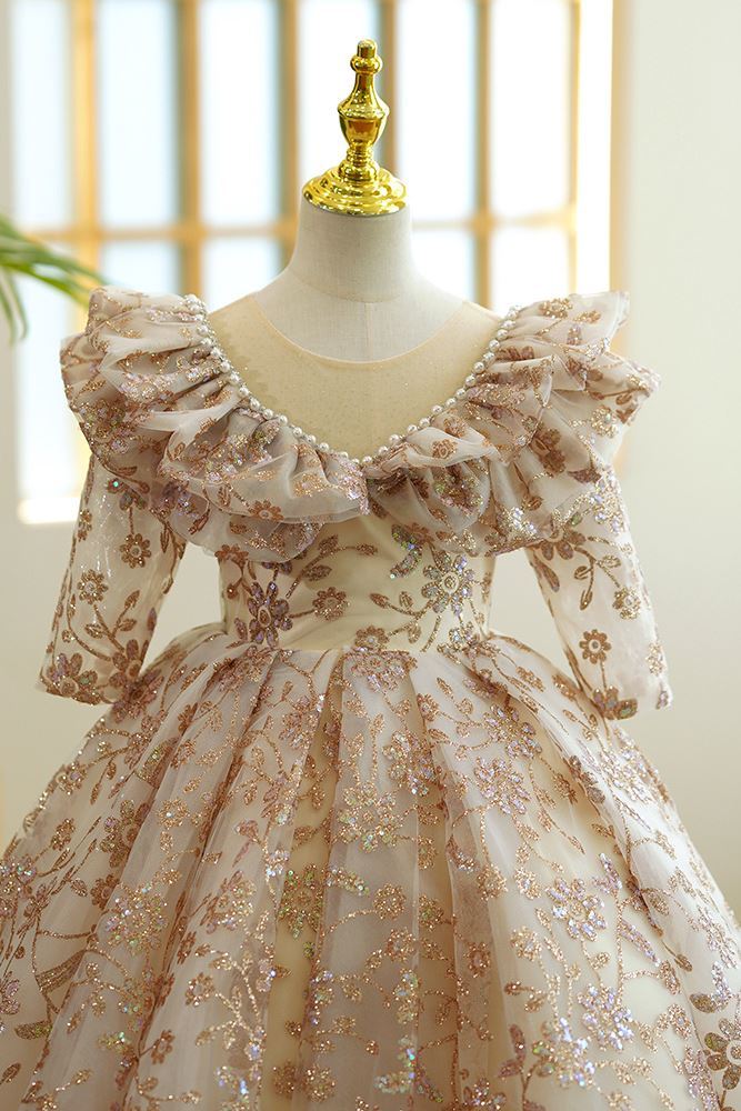 Prinzessin Bodenlang Pailletten Blumenmädchenkleider in Champagner