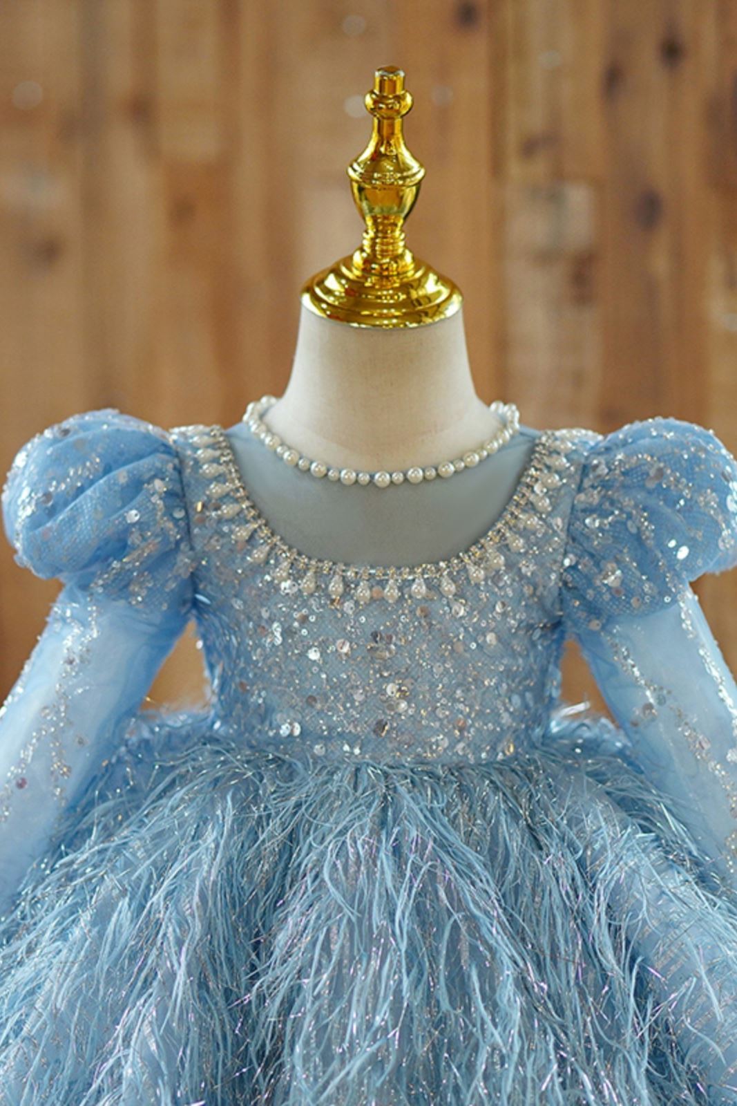 Prinzessin Juwelenhals Wadenlang Tüll Blumenmädchenkleider in Blau