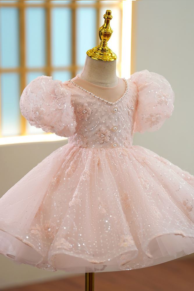 V Ausschnitt Wadenlang Pailletten Blumenmädchenkleider in Rosa