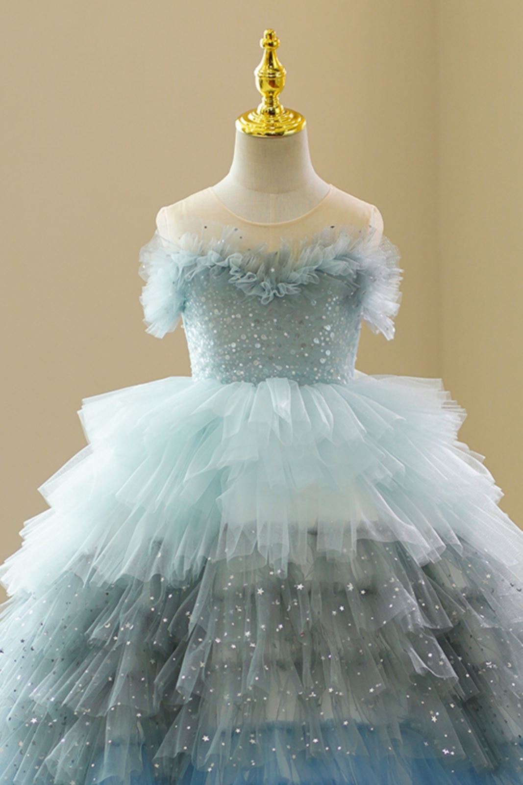 Prinzessin Bodenlang Tüll Blumenmädchenkleider in Staubigblau