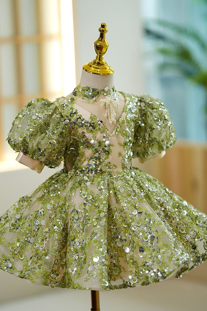 Prinzessin Stehkragen Wadenlang Pailletten Blumenmädchenkleider Grün