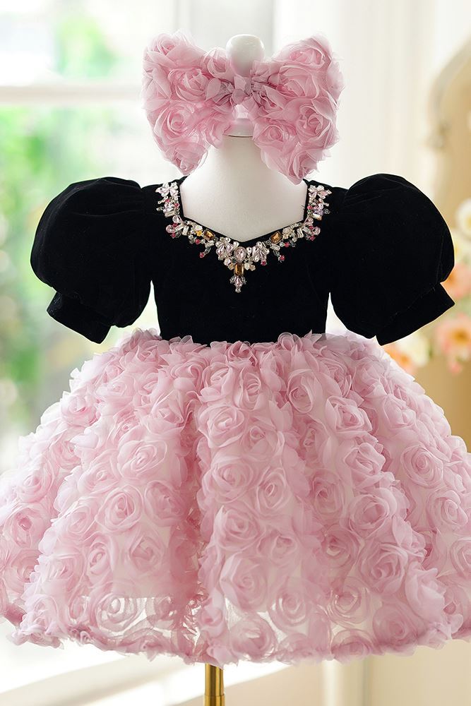 Prinzessin Juwelenhals Wadenlang Spitze Blumenmädchenkleider in Rosa