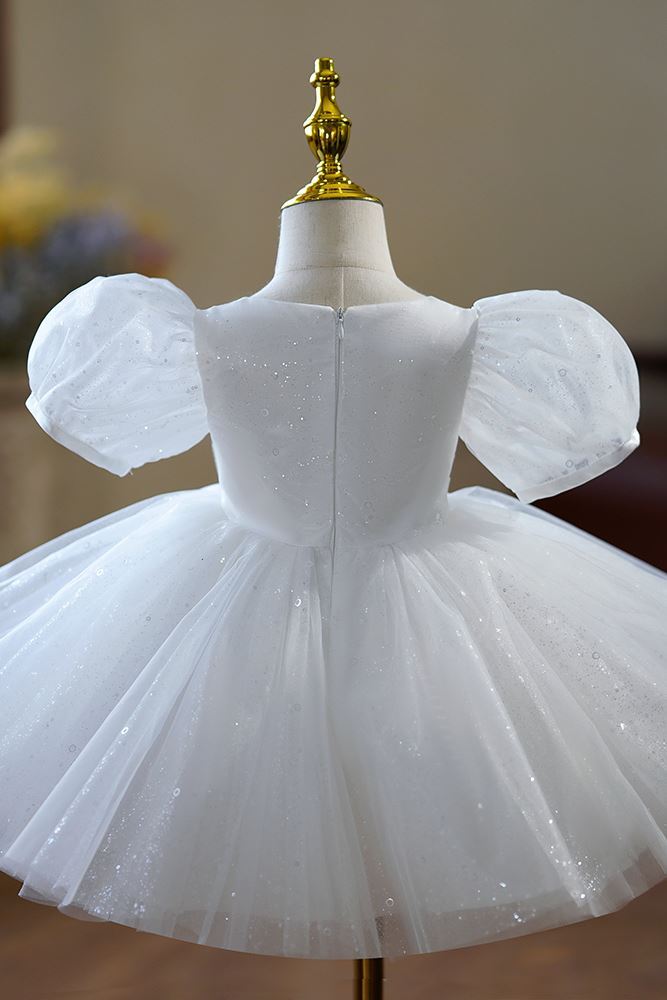 Prinzessin Wadenlang Pailletten Blumenmädchenkleider in Weiß