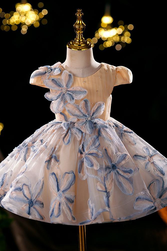 Prinzessin Runden Wadenlang Tüll Blumenmädchenkleider in Champagner