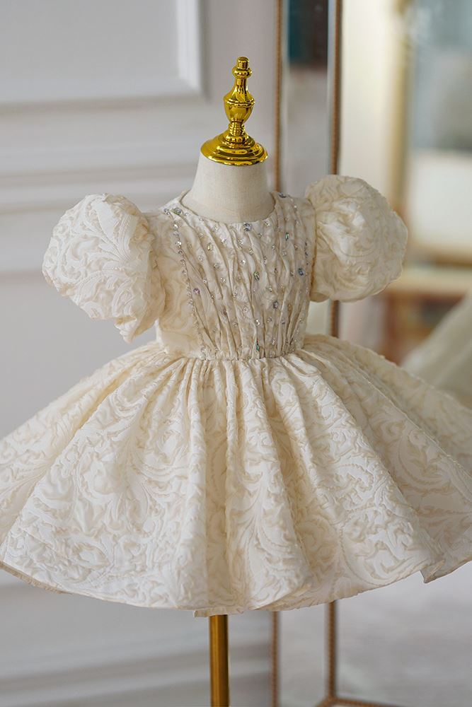 Prinzessin Runden Wadenlang Satin Blumenmädchenkleider in Champagner