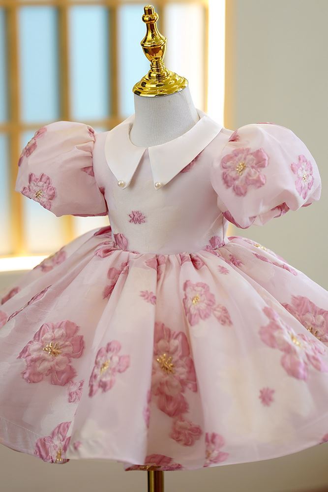 Prinzessin Kragenhals Wadenlang Organza Blumenmädchenkleider Rosa