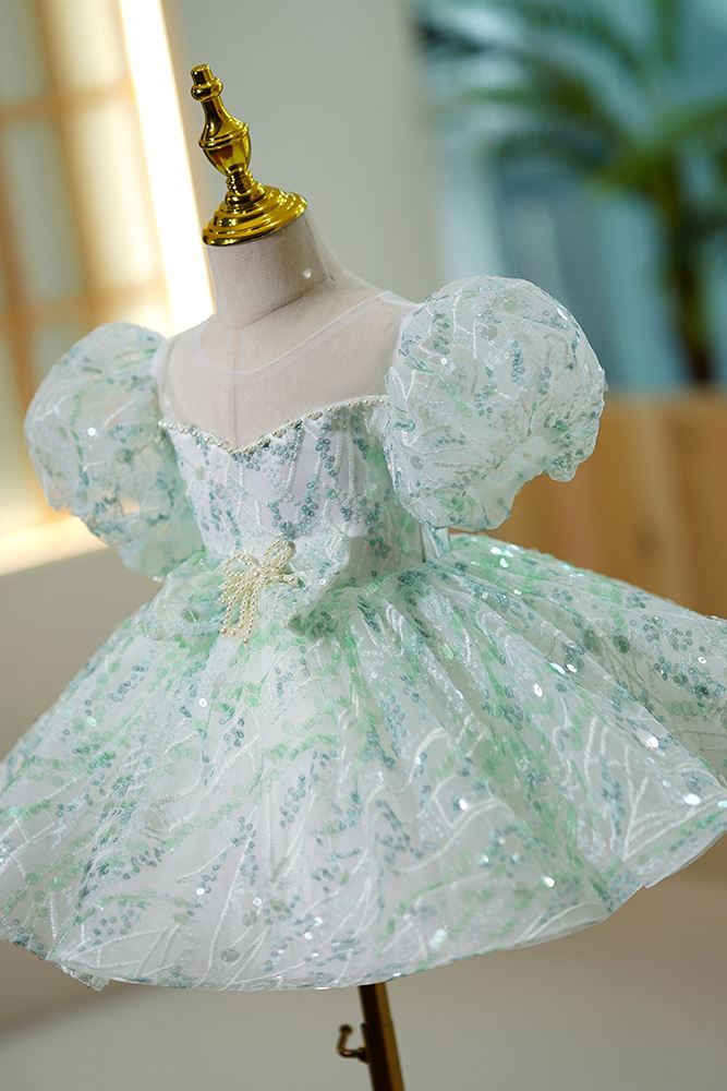 Prinzessin Scoop Wadenlang Pailletten Blumenmädchenkleider in Minzgrün