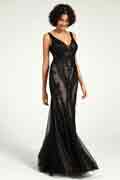 Full-Length Mermaid Nude Illusion Black Lace Sequin Formal Gown