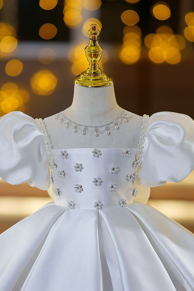 Prinzessin Quadratisch Wadenlang Satin Blumenmädchenkleider in Weiß