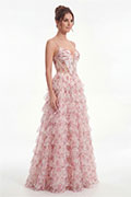 Rosa geblümtes A-Linien-Abendkleid aus Tüll und Rüschen mit Herzausschnitt